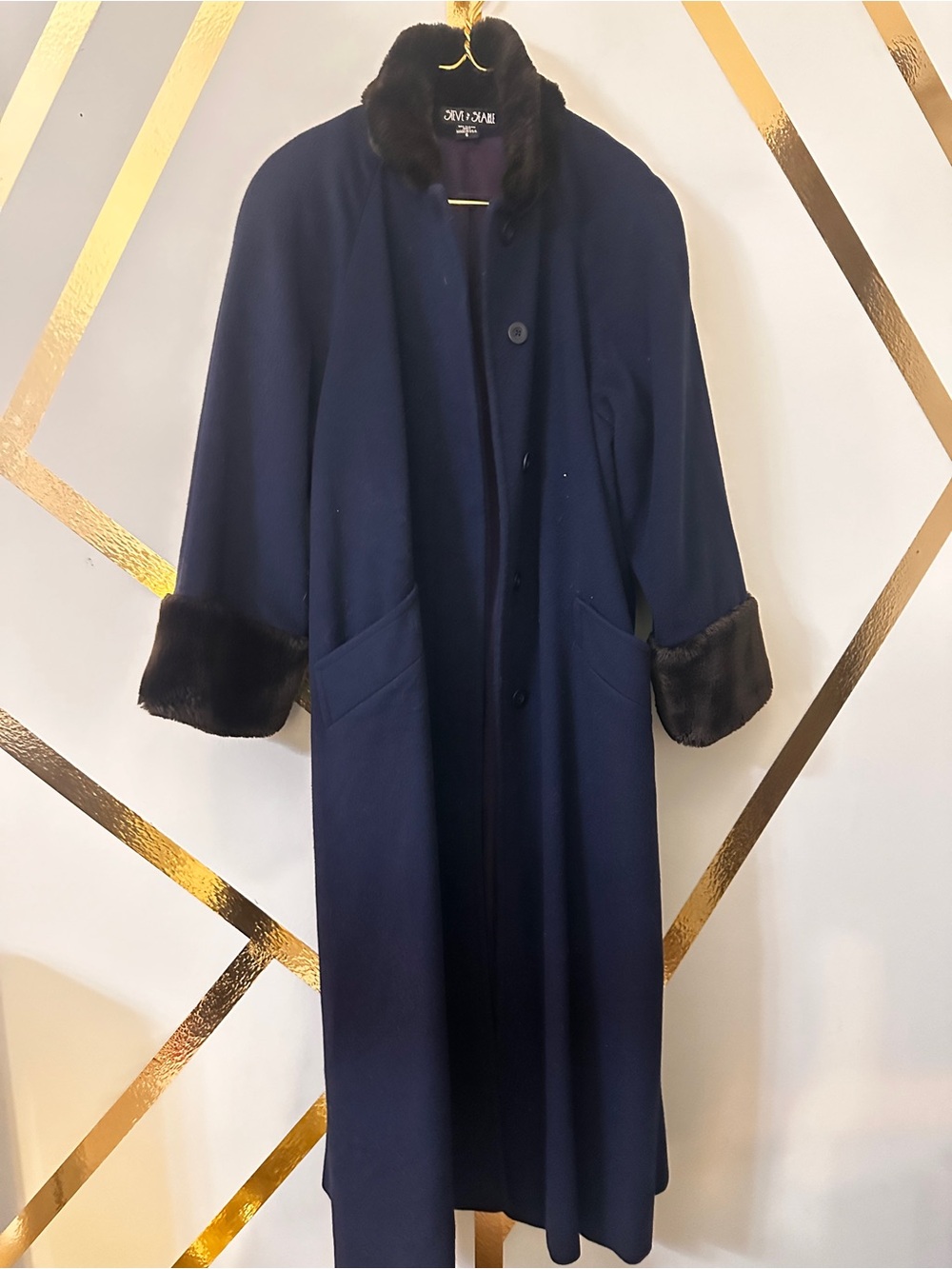 Classic Navy Coat with Dark Fur Trim